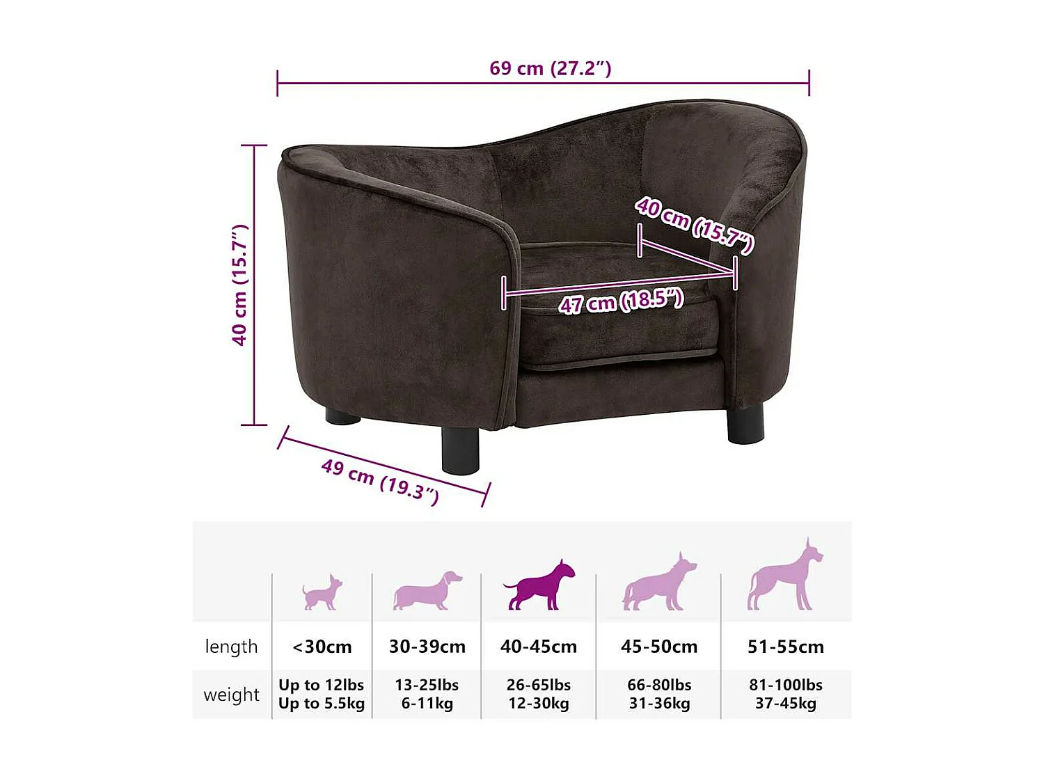 Divano per cani marrone 69x49x40 cm peluche