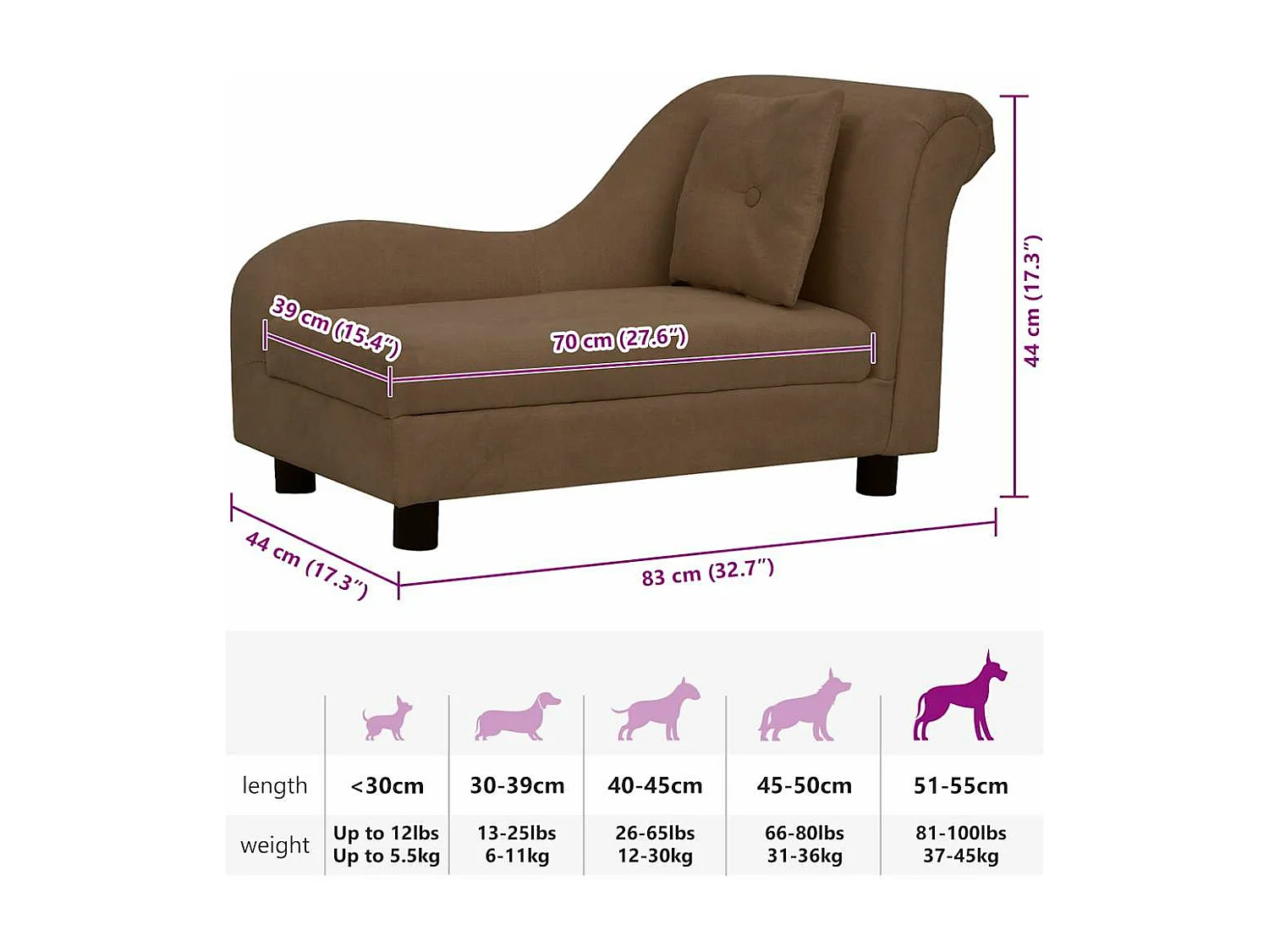 Canapé pour chien avec oreiller Marron 83x44x44 cm Peluche