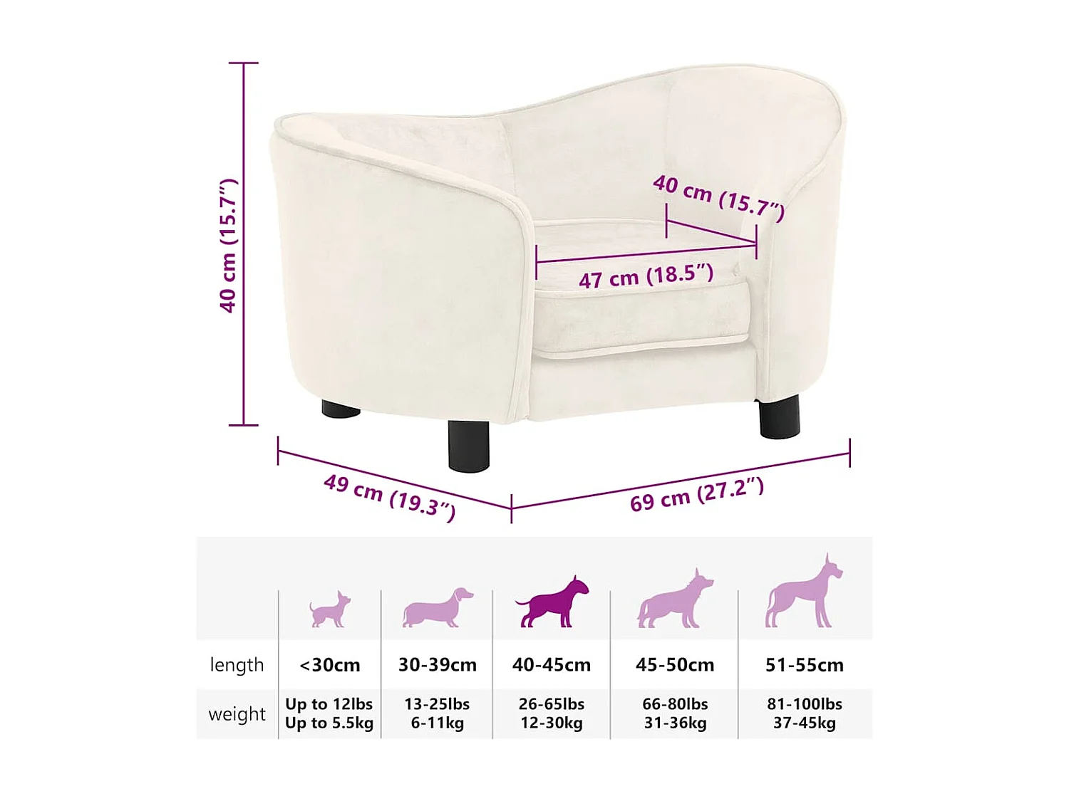 Divano per cani Crema 69x49x40 cm Peluche