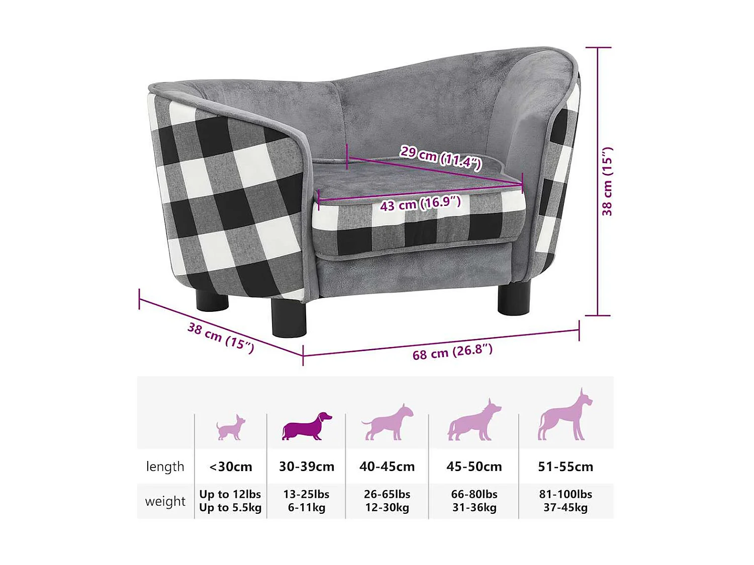 Divano per cani grigio 68x38x38 cm peluche