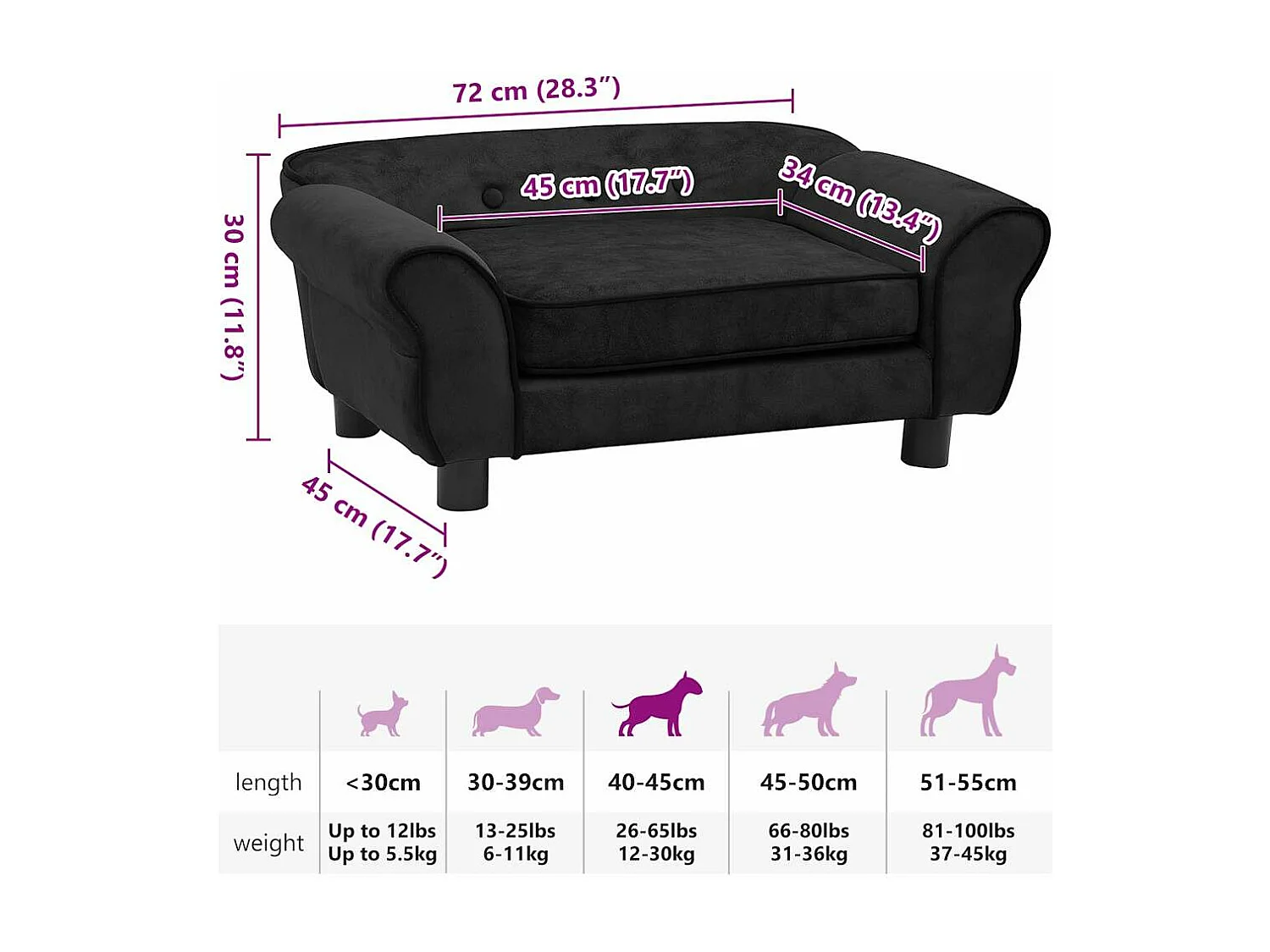 Canapé pour chien Noir 72x45x30 cm Peluche