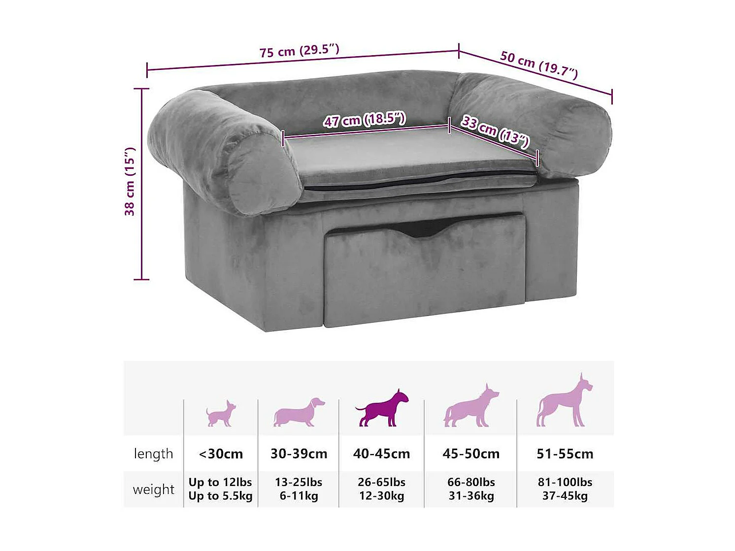 Canapé pour chien avec tiroir Gris 75x50x38 cm Peluche