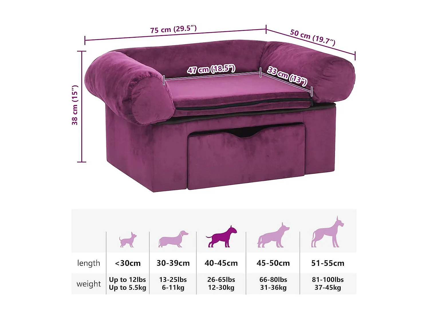 Divano per cani con cassetto Bordeaux 75x50x38 cm Peluche