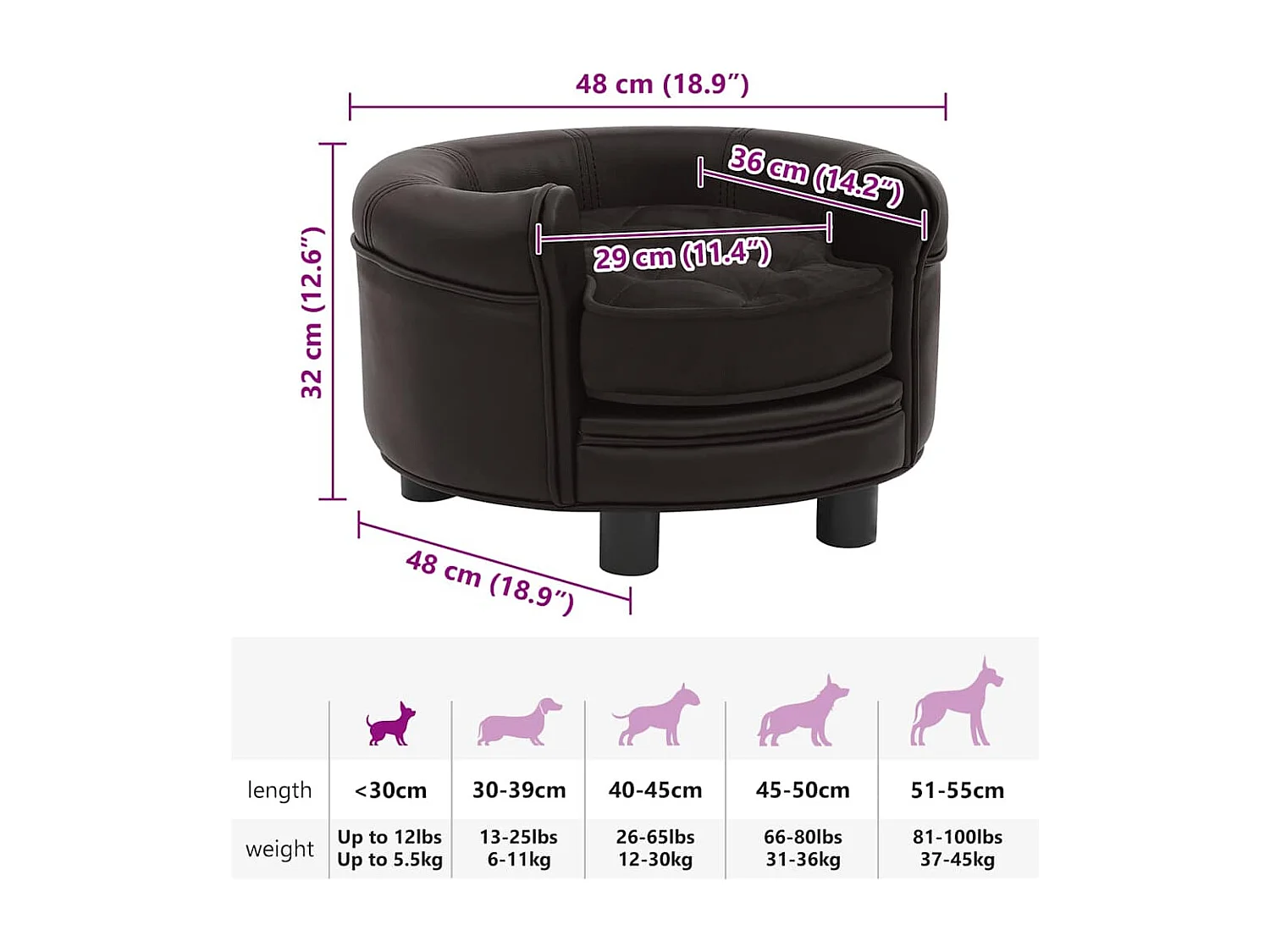 Braunes Hundesofa 48x48x32 cm Plüsch und Kunstleder