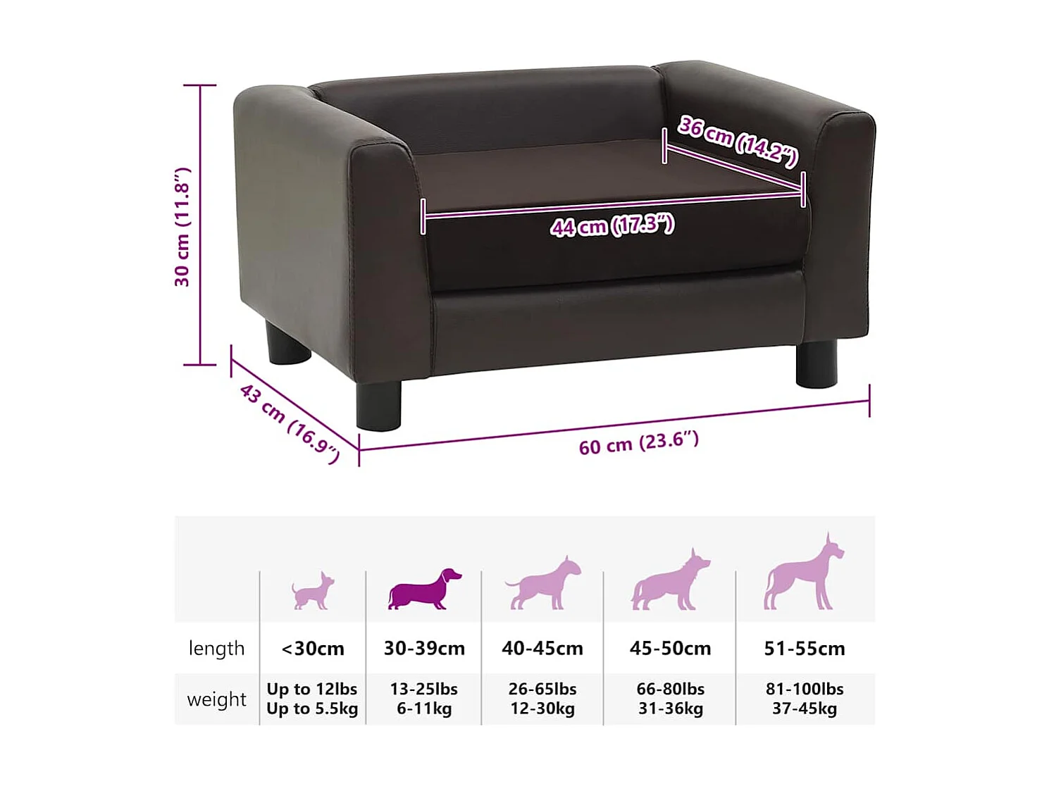 Divano per cani marrone 60x43x30 cm in peluche e similpelle