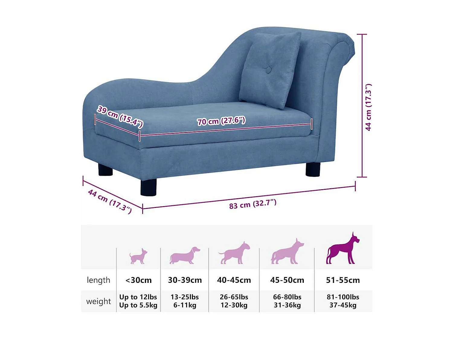 Divano per cani con cuscino blu 83x44x44 cm peluche