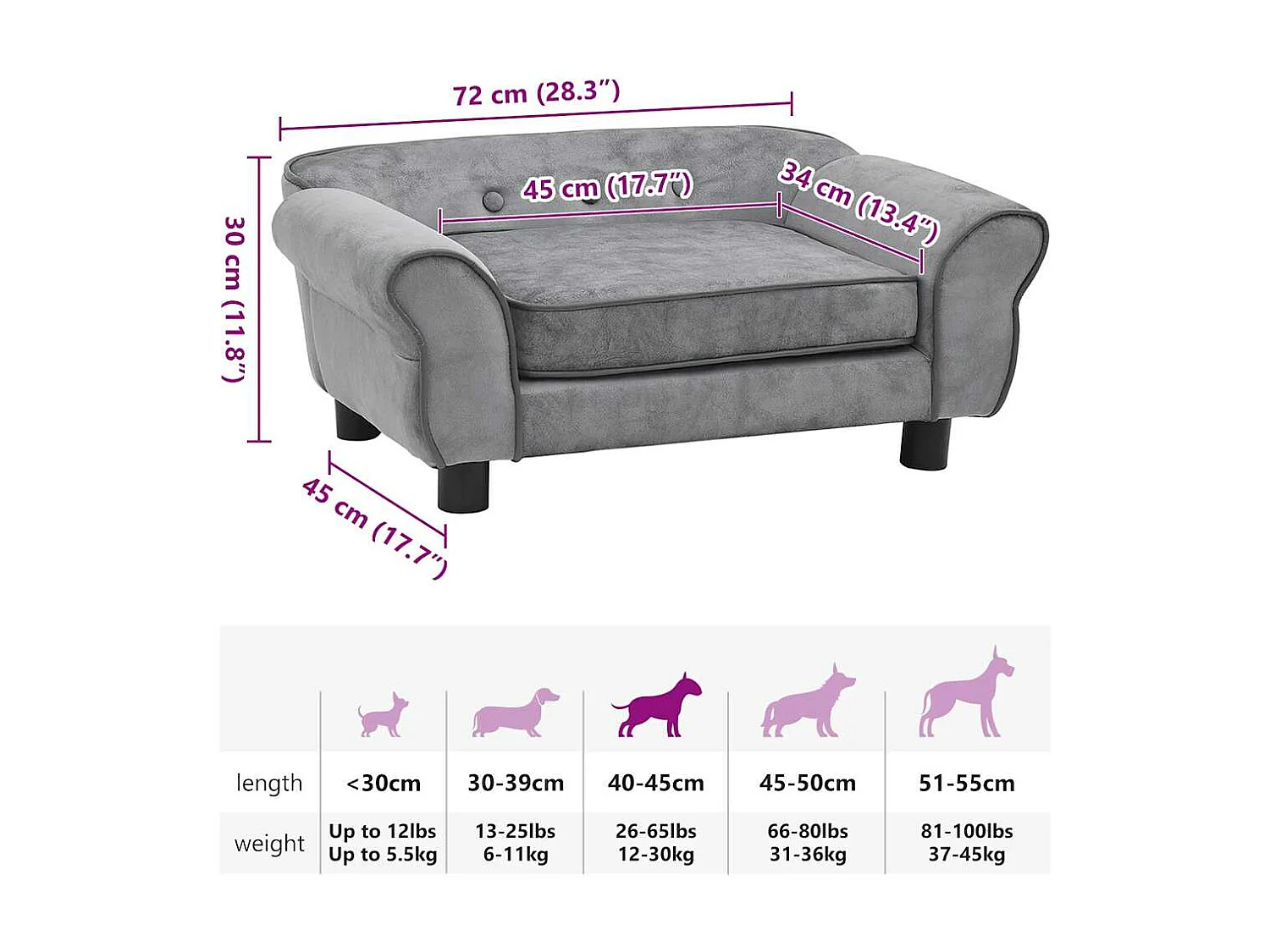 Canapé pour chien Gris 72x45x30 cm Peluche