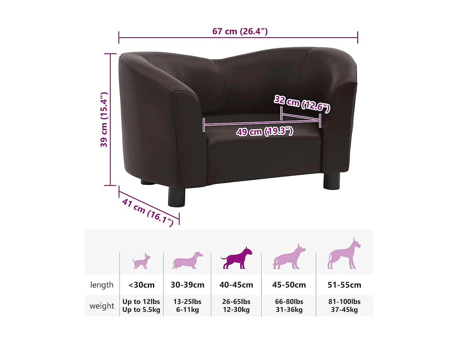 Divano per cani marrone 67x41x39 cm similpelle