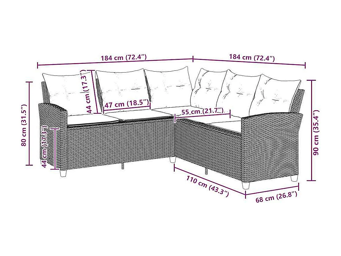 Sofás en forma de L con cojines de mimbre de resina gris