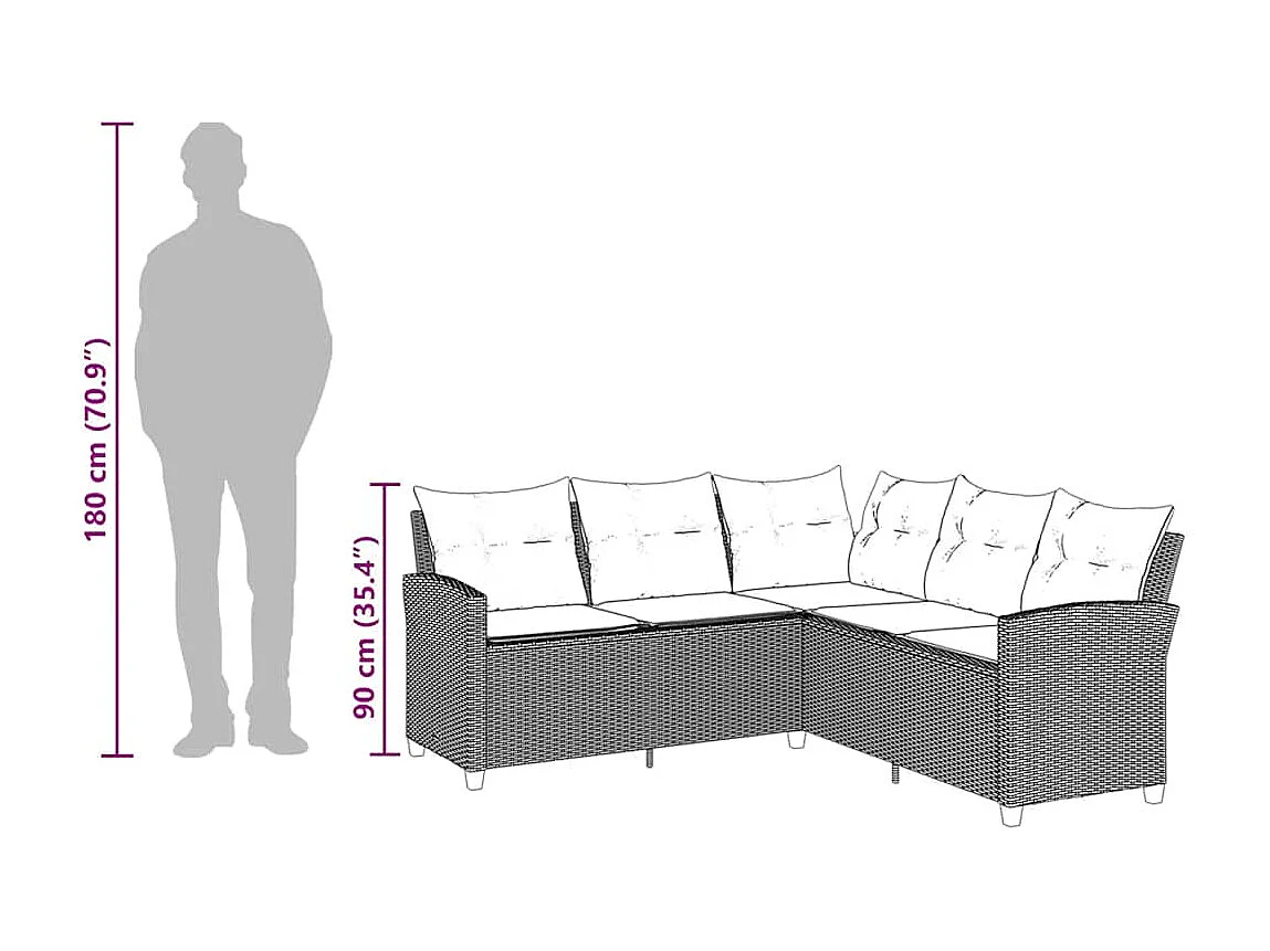 Canapés en forme de L avec coussins gris résine tressée