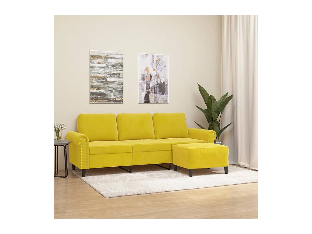 Canapé à 3 places avec repose-pieds jaune 180 cm velours