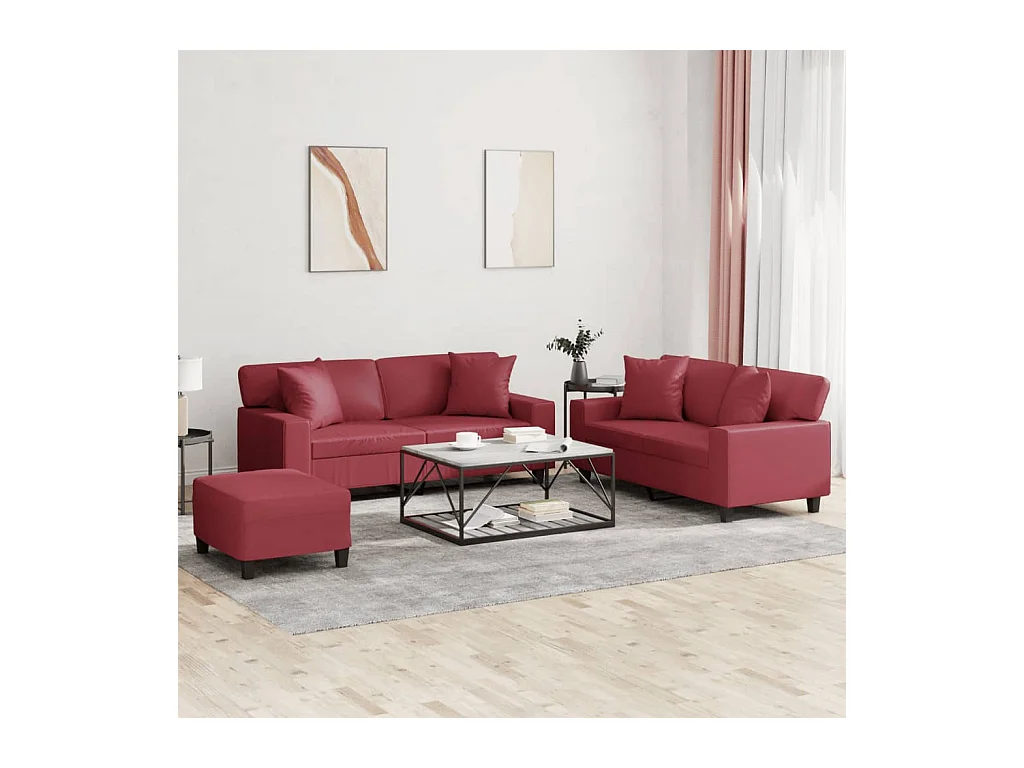 Conjunto de sofá de 3 peças e almofadas em couro sintético vermelho bordô