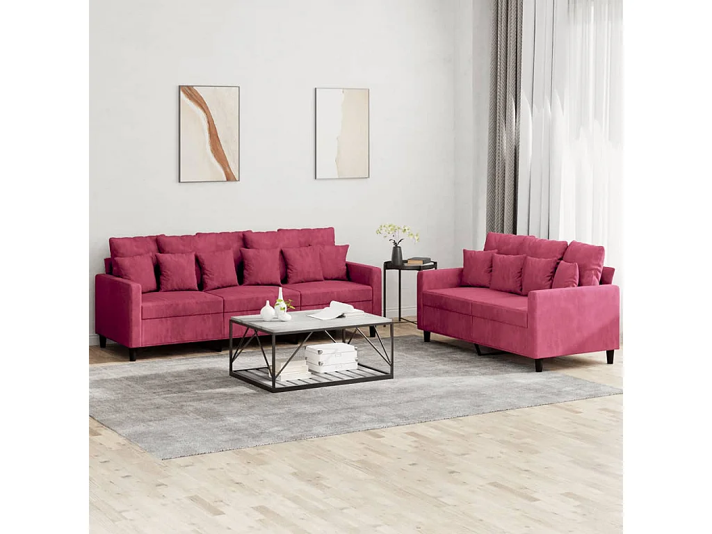 Conjunto de sofá de 2 peças com almofadas Borgonha veludo vermelho