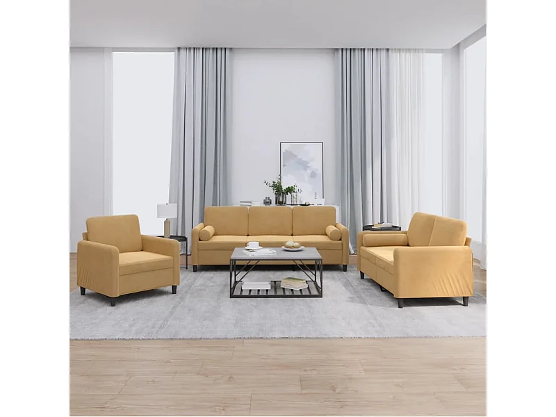 Conjunto de sofá de 3 peças com almofadas de veludo marrom