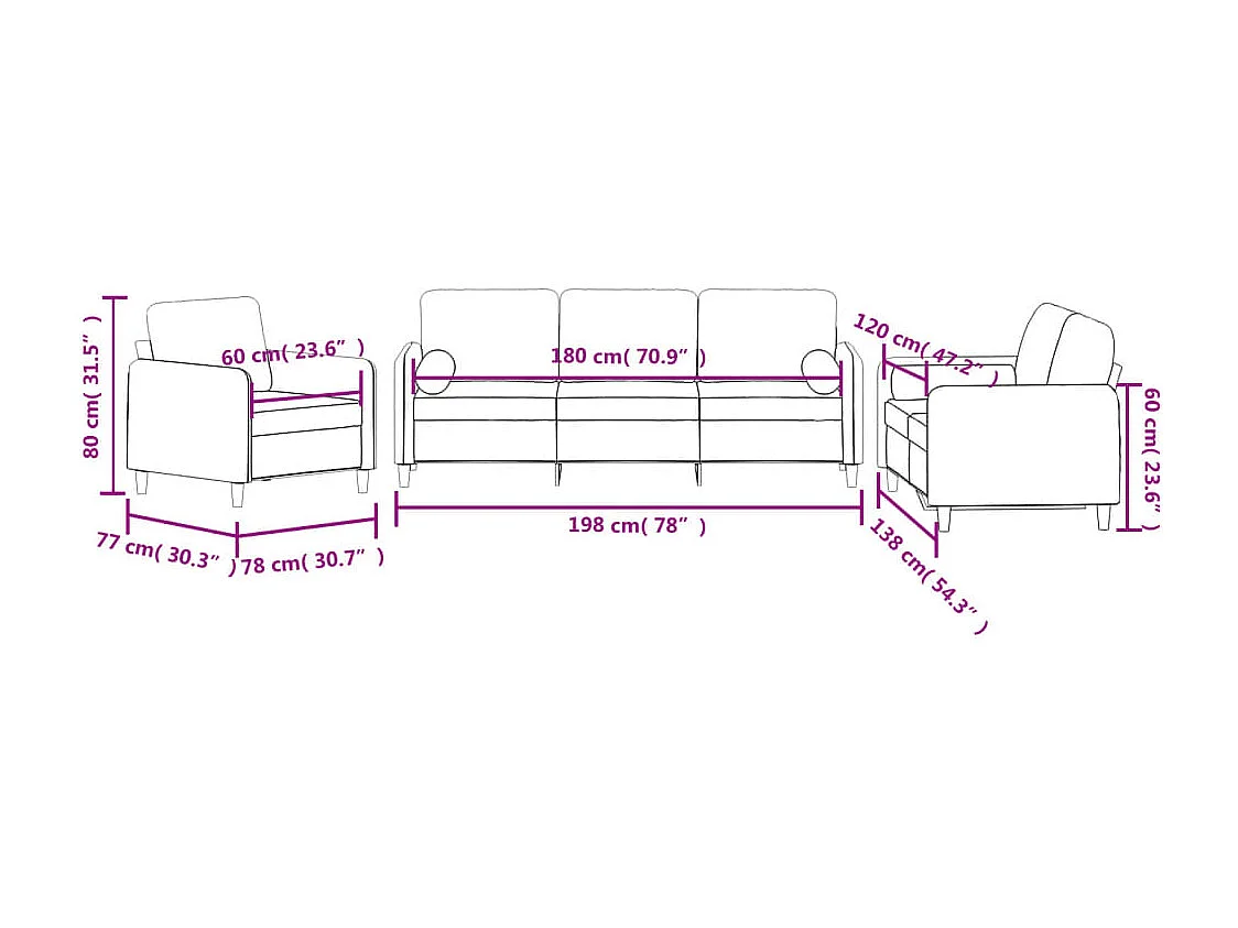 3-teiliges Sofa-Set mit braunen Samtkissen