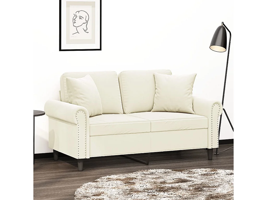 Divano 2 posti con cuscini decorativi crema 120 cm velluto