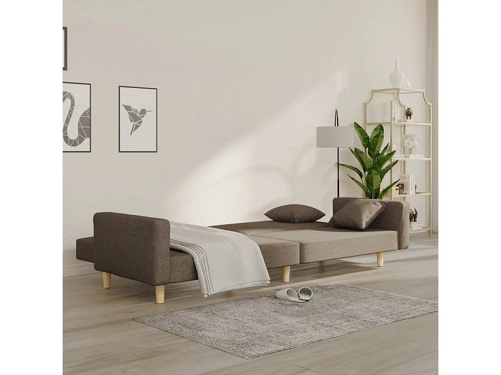 Sofá cama de 2 plazas con dos almohadas en tejido topo