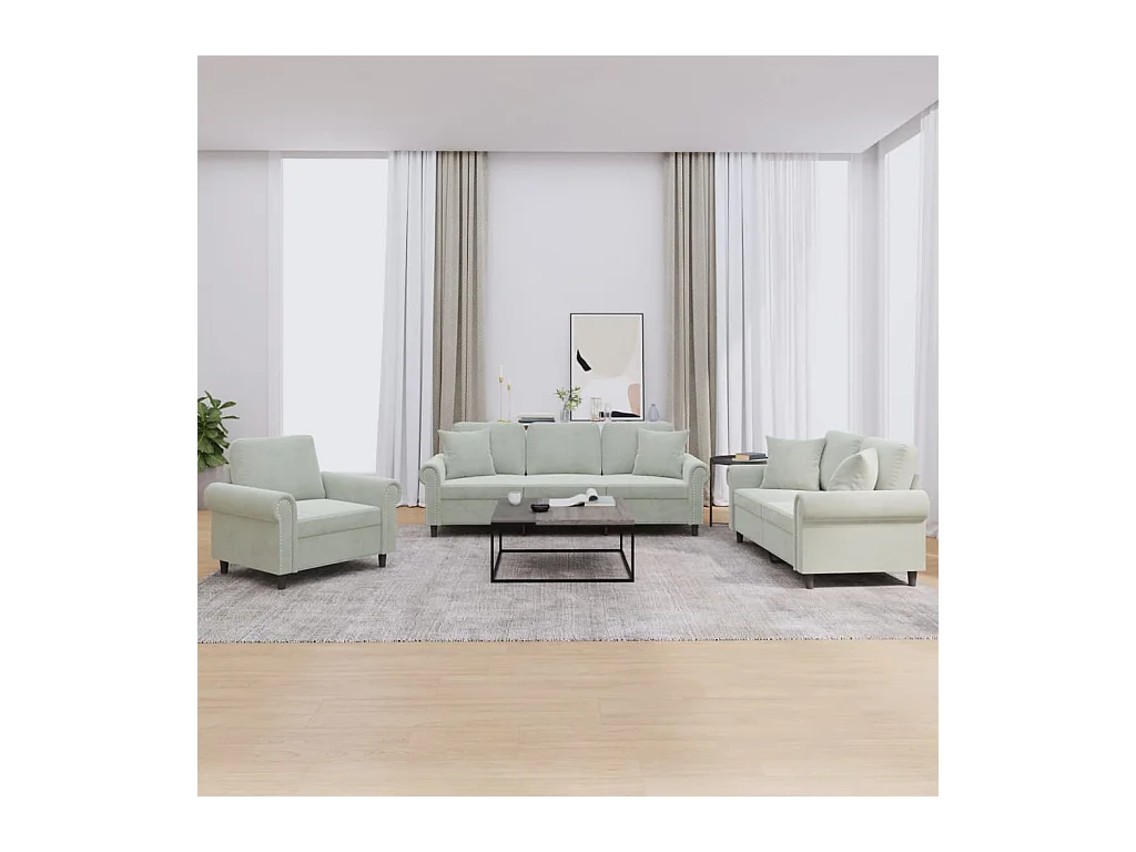 3-teiliges Sofa-Set mit hellgrauen Samtkissen