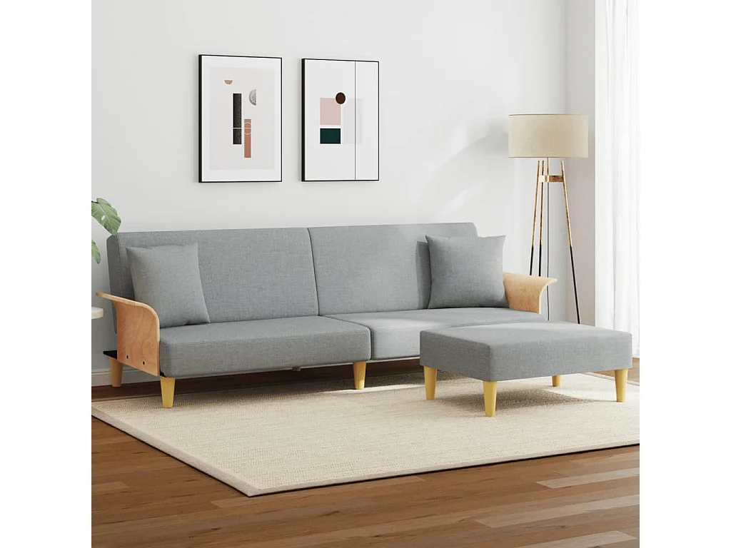 Canapé-lit à 2 places avec oreillers et repose-pied gris clair