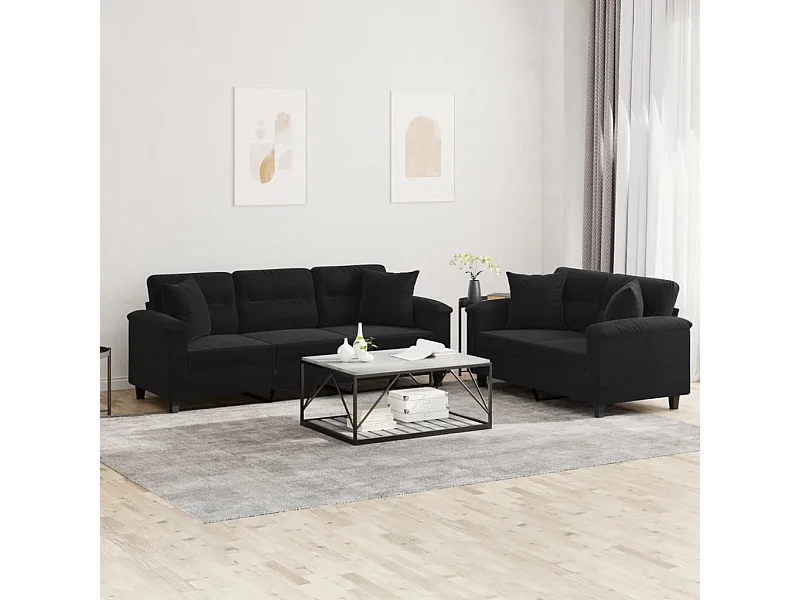 Ensemble de canapés 2 pcs avec coussins Noir Tissu microfibre