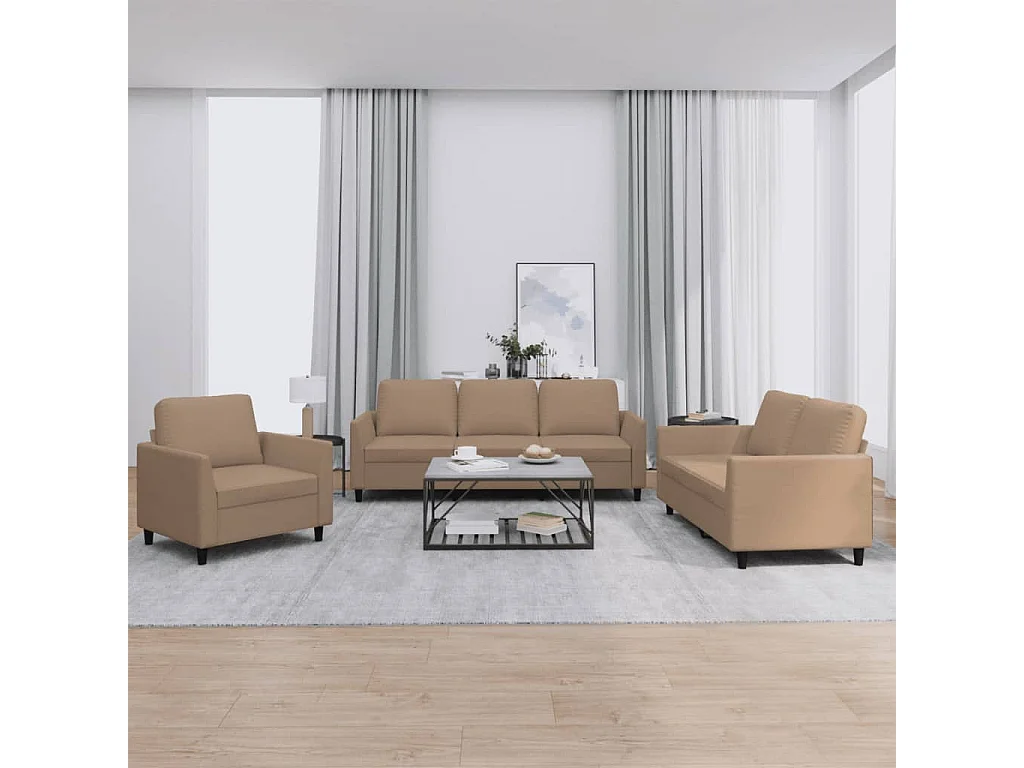Conjunto de sofá de 3 piezas con cojines de piel sintética color capuchino