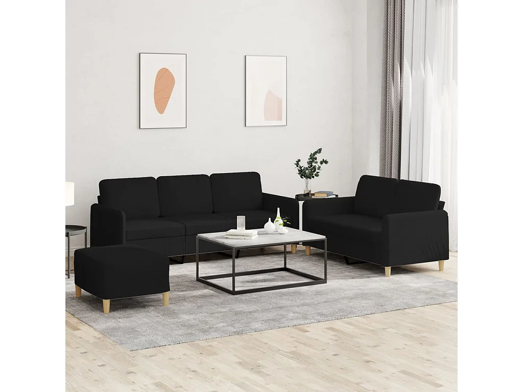 Conjunto de sofá de 3 peças com almofadas de tecido preto
