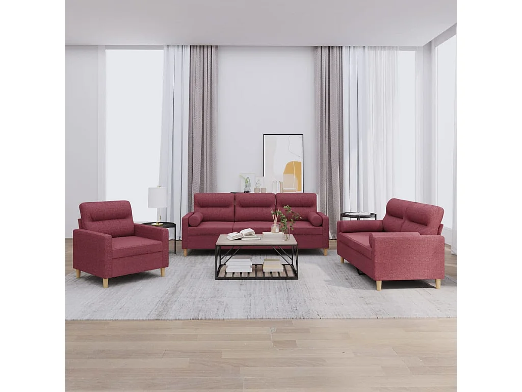 Ensemble de canapés 3 pcs avec coussins rouge bordeaux tissu