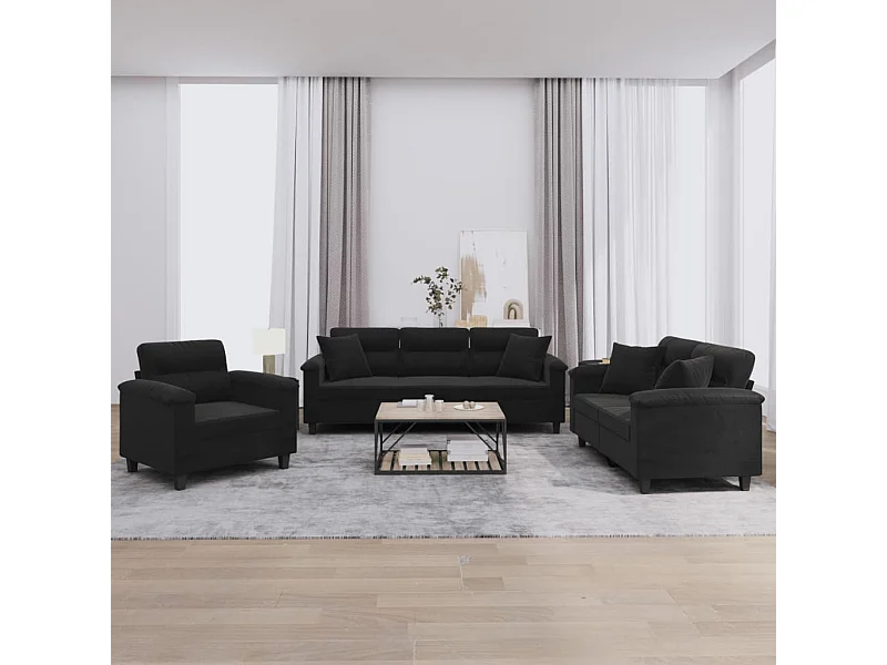 Set di 3 divani con cuscini in tessuto microfibra nero