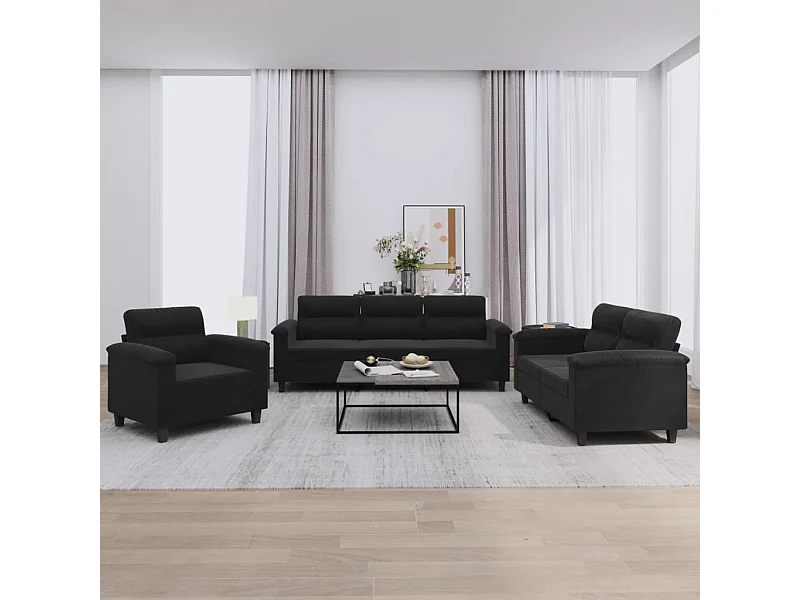 Conjunto de sofá de 3 peças com almofadas pretas em tecido de microfibra