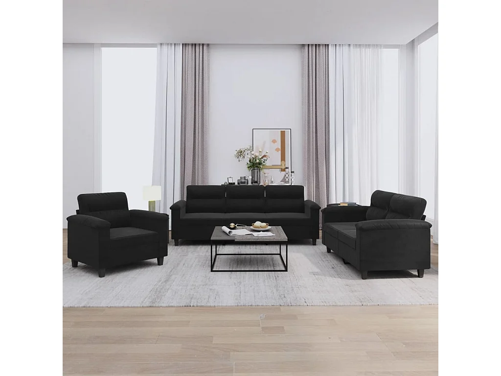 Ensemble de canapés 3 pcs avec coussins noir tissu microfibre