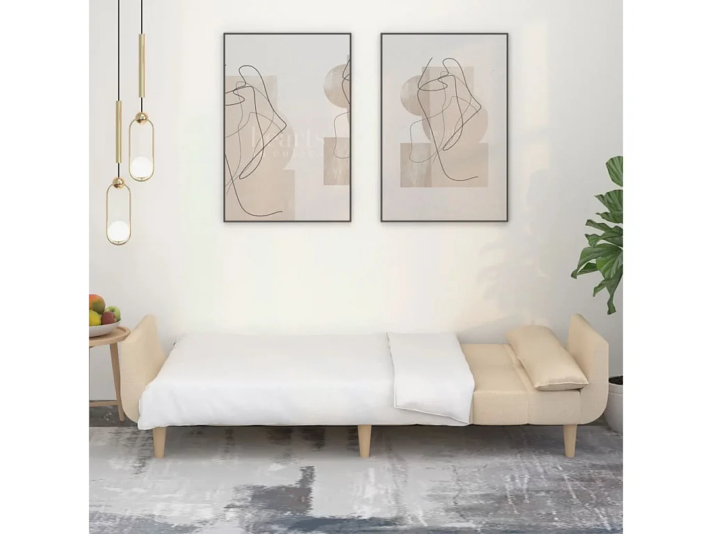 2-Sitzer-Schlafsofa mit zwei Kissen, cremefarbener Stoff