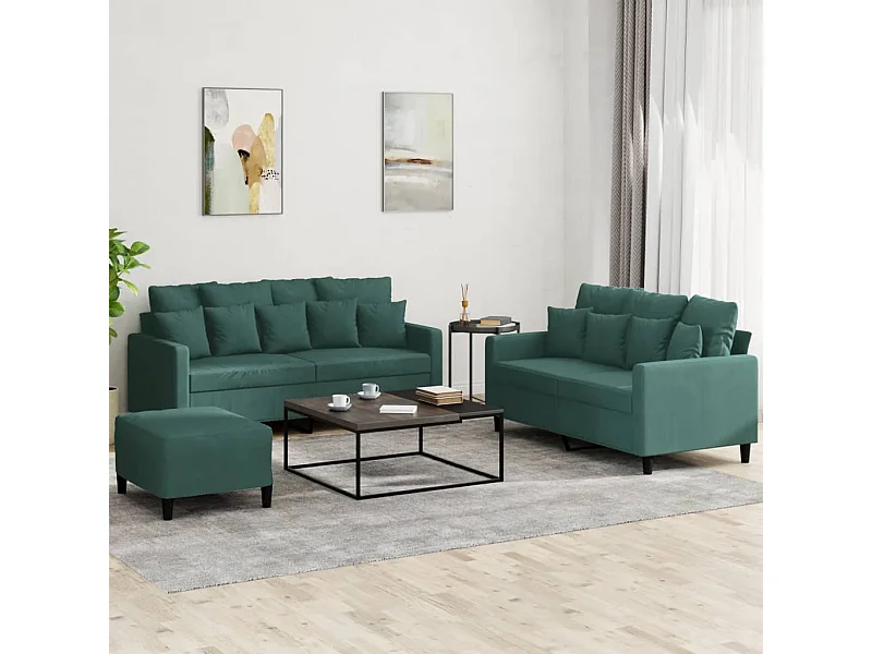 Set di 3 divani con cuscini in velluto verde scuro