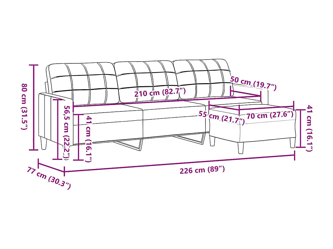 Canapé à 3 places avec repose-pieds Marron 210 cm Tissu