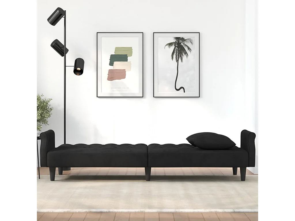 Sofá cama de terciopelo negro con reposabrazos