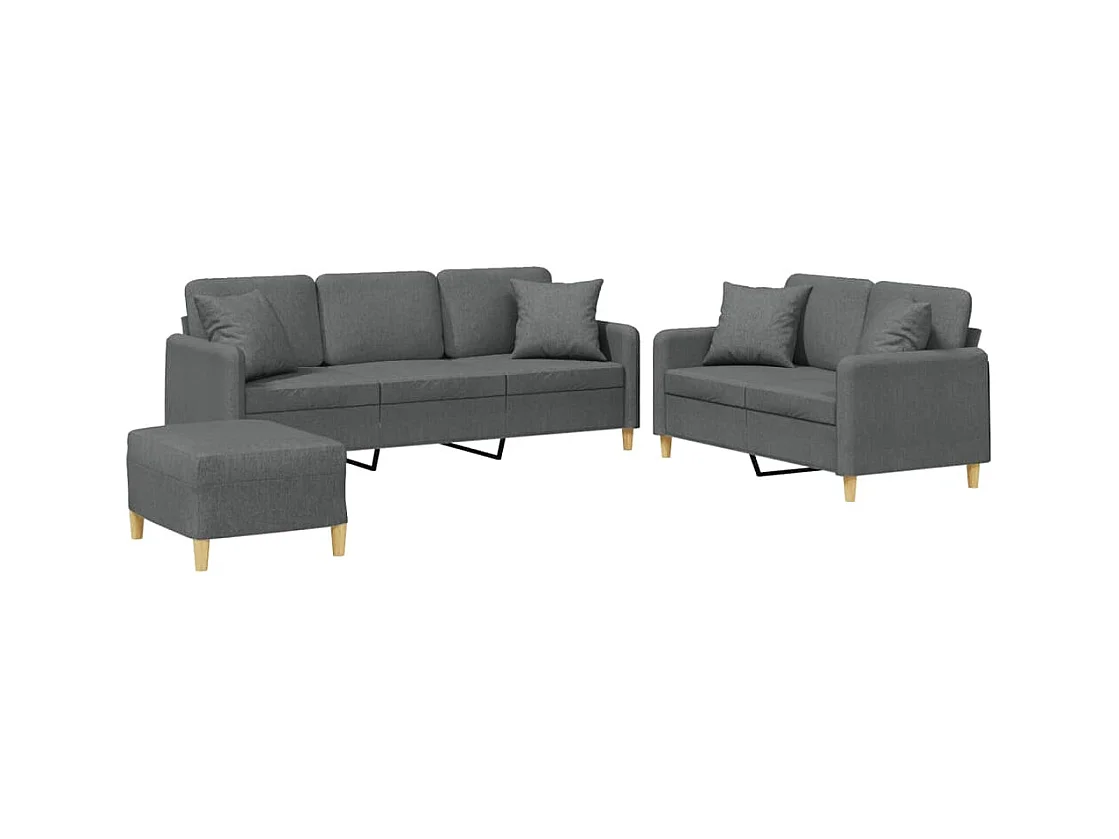 Set divano 3 pezzi cuscini grigio scuro tessuto