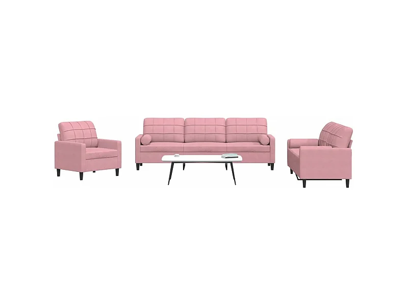 Set di 3 divani con cuscini e sostegni in velluto rosa