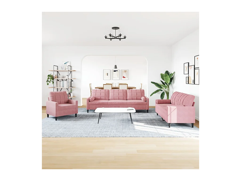 Ensemble de canapés 3pcs et coussins et traversins rose velours