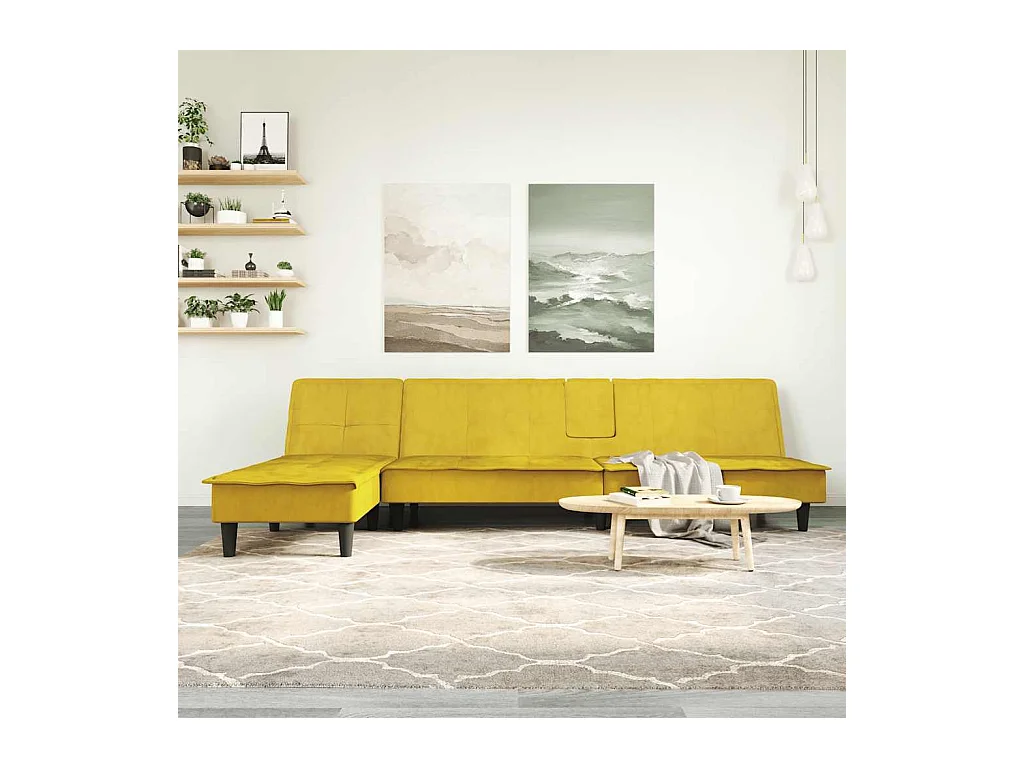 Canapé-lit en forme de L jaune 255x140x70 cm velours