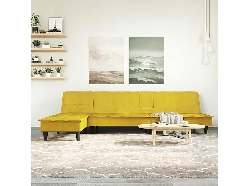 Canapé-lit en forme de L jaune 255x140x70 cm velours
