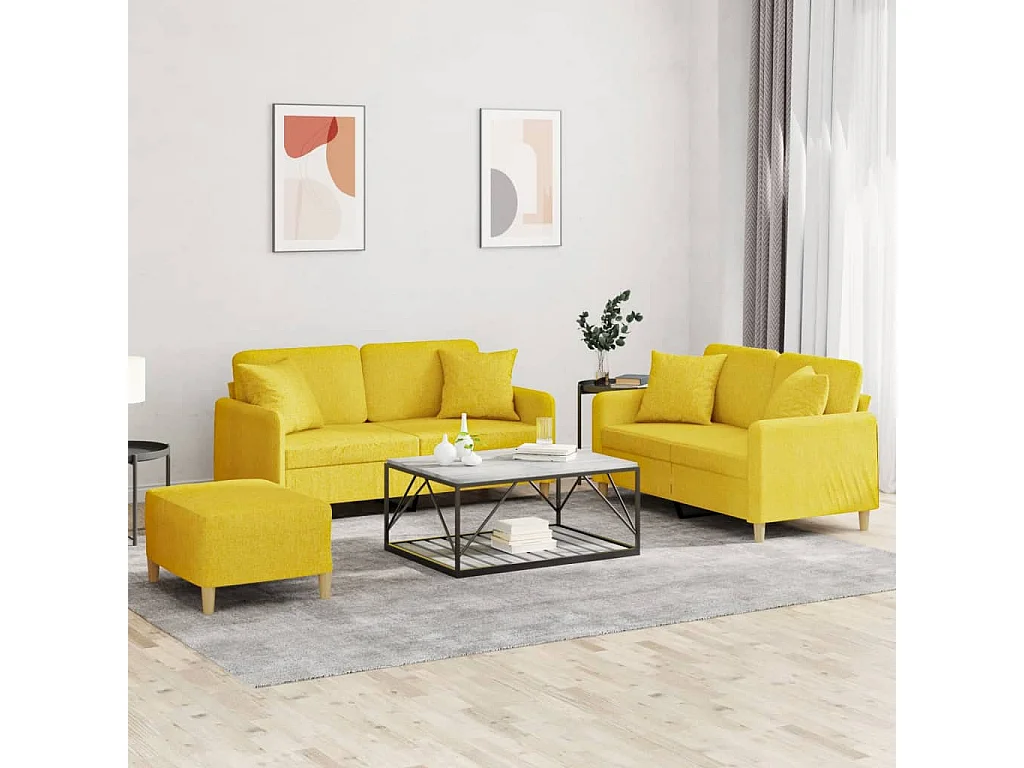 Ensemble de canapés 3 pcs avec coussins jaune clair tissu