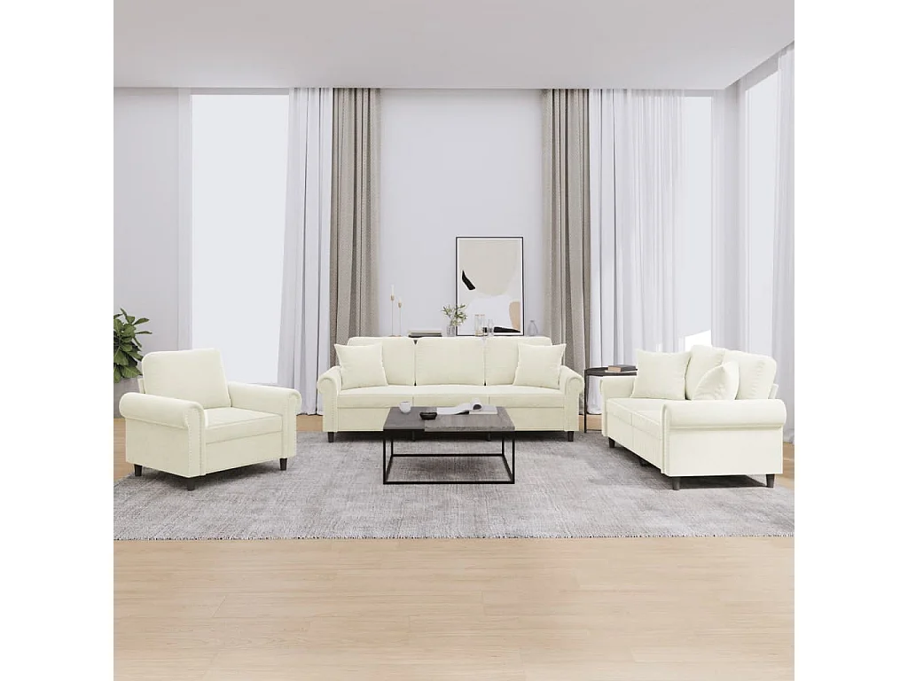 Conjunto de sofá de 3 peças com almofadas de veludo creme