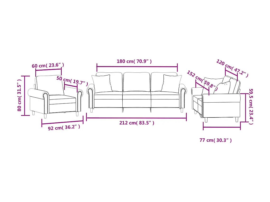 Conjunto de sofá de 3 peças com almofadas de veludo creme