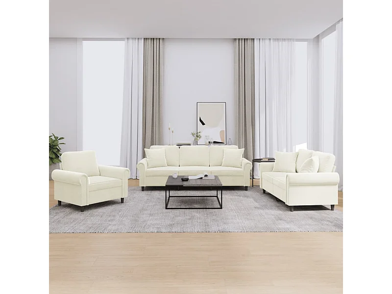 Conjunto de sofá de 3 peças com almofadas de veludo creme