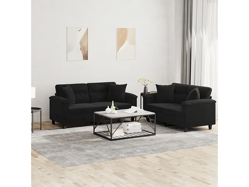 Ensemble de canapés 2 pcs avec coussins Noir Tissu microfibre
