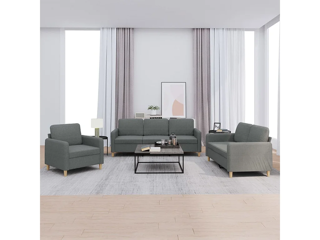 3-teiliges Sofaset mit Kissen, dunkelgrauer Stoff