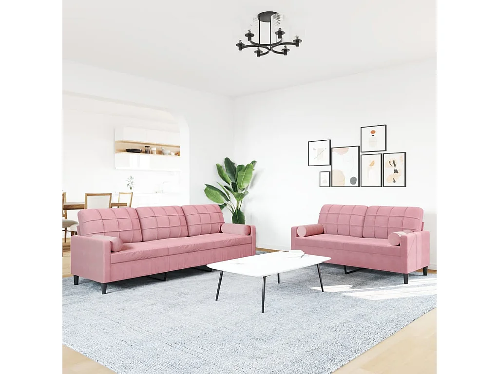 Ensemble de canapés 2pcs et coussins et traversins rose velours