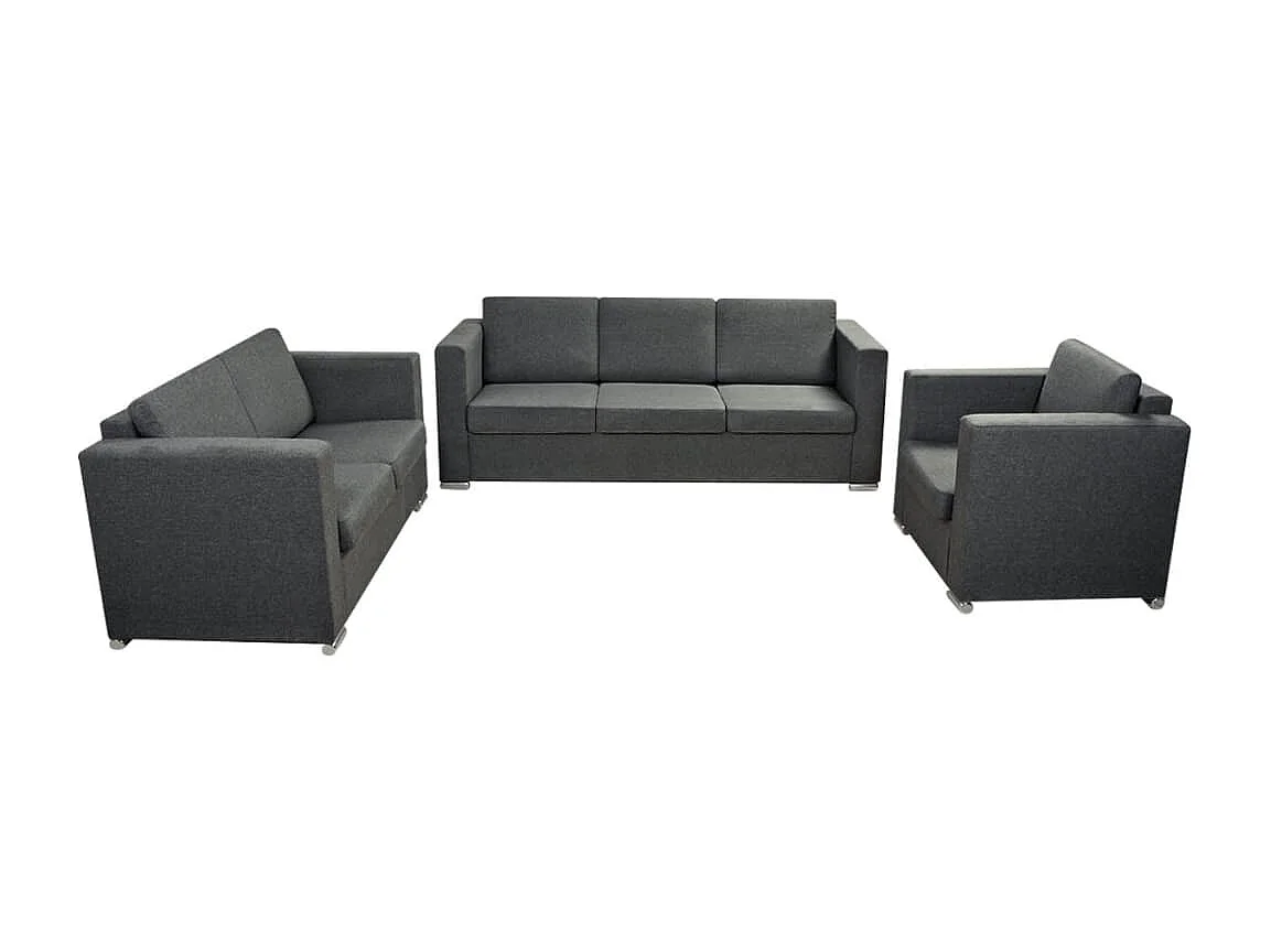 Set di divani a tre pezzi in tessuto grigio scuro