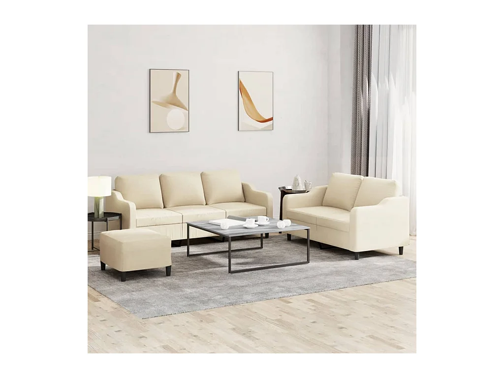Set divano 3 pezzi con cuscini in tessuto crema