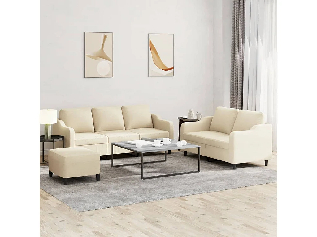 Conjunto de sofá de 3 peças com almofadas em tecido creme