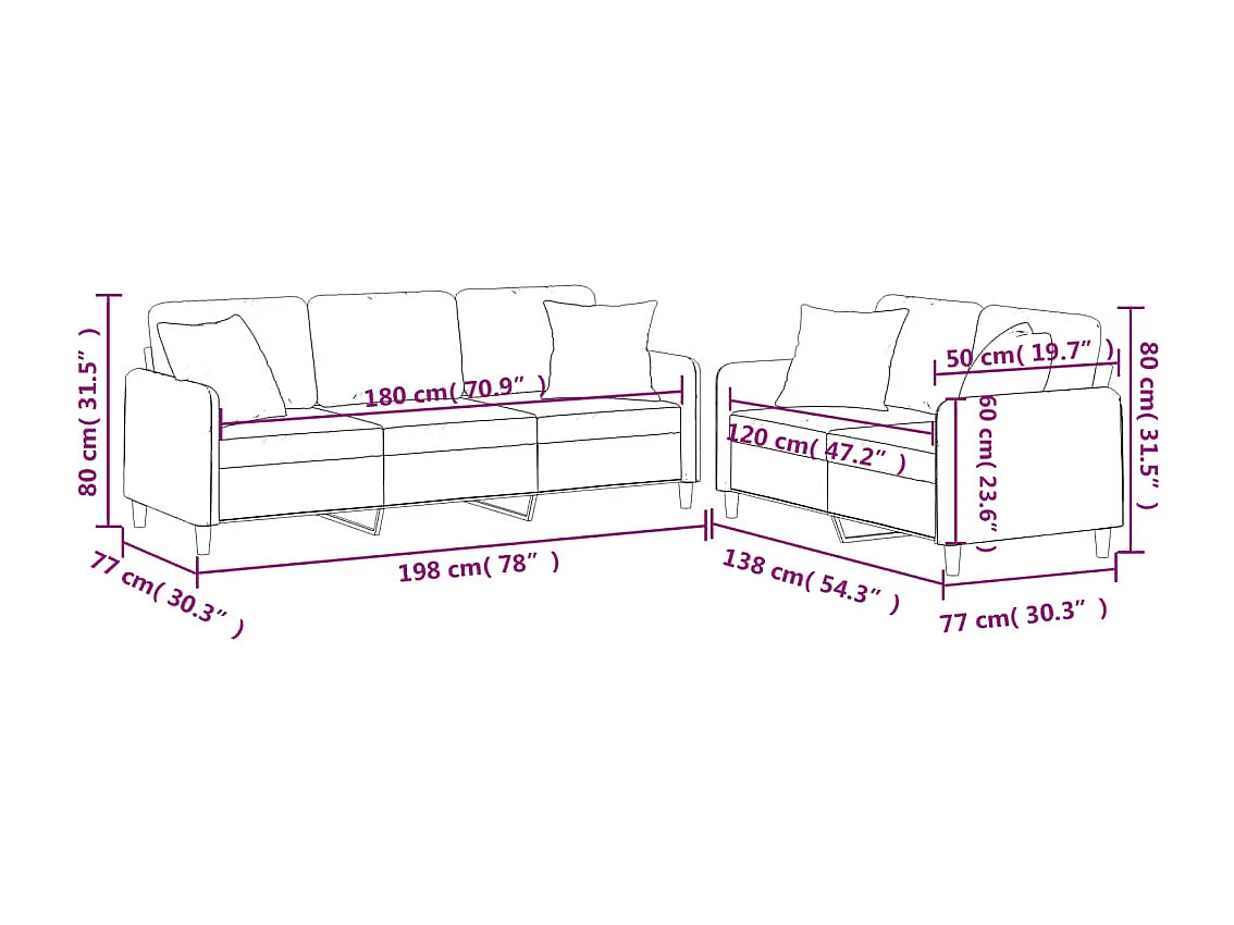 2-teiliges Sofaset mit taupefarbenen Stoffkissen